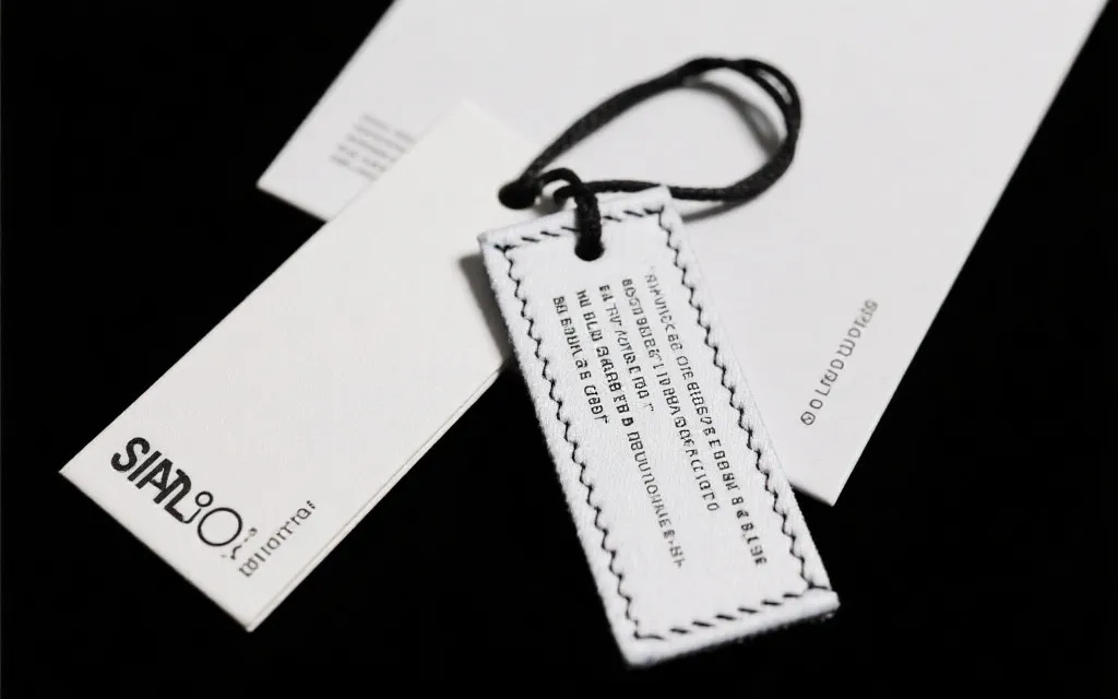 近景展示周边产品的吊牌、缝线与印刷边缘细节检查，干净明亮的桌面