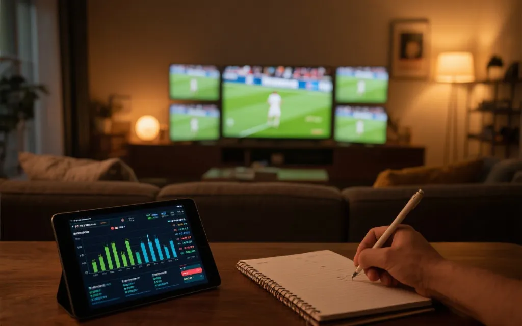 球迷在客厅用平板与电视同时观看多场比赛的数据与画面，旁边记着球员笔记