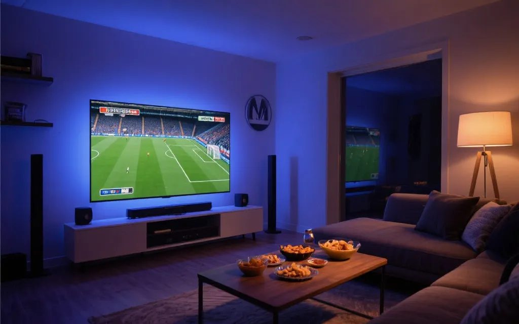 客厅球场沉浸式观赛布置：大屏、音响、柔光与零食