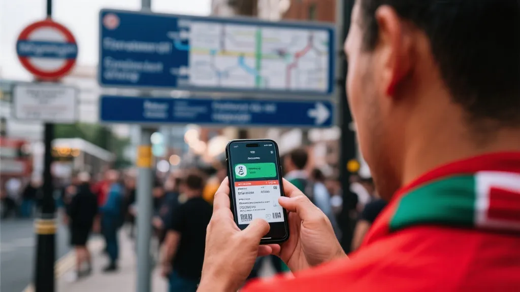 球迷手持手机查看比赛票据与城市轨道交通指引，赛前动线规划场景