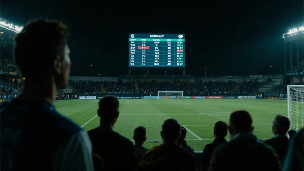 夜晚球场内的大屏幕显示积分榜与晋级形势，球迷紧张观赛的氛围